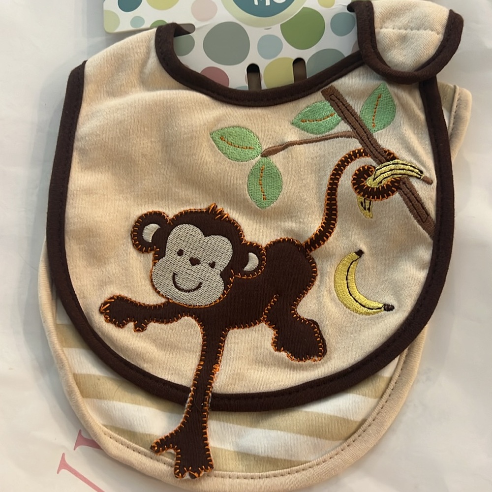 Little Me Cream and Brown Monkey Bib Set - Picture 3 of 5